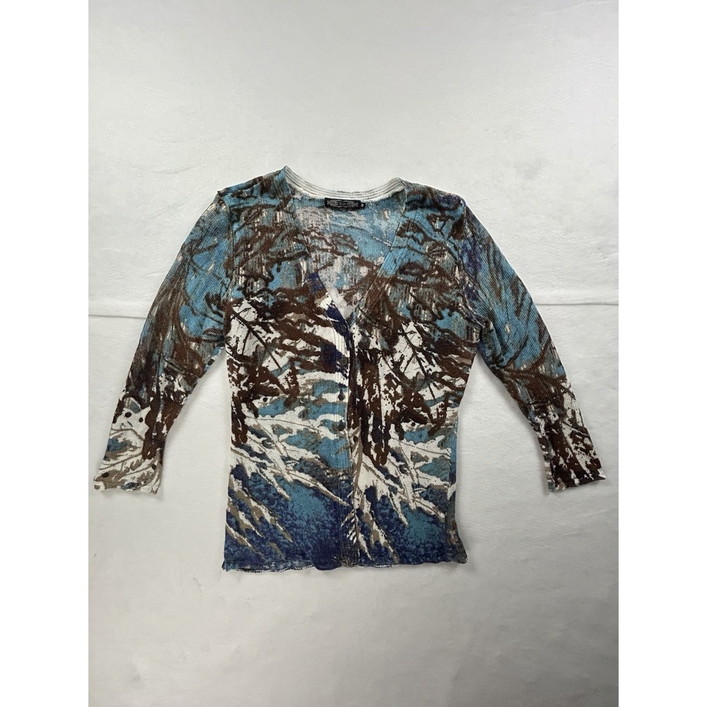 ZoZo Cardigan Teal Brown Button‎ Front Linen Blend Lightweight Artsy Preppy Sz M
